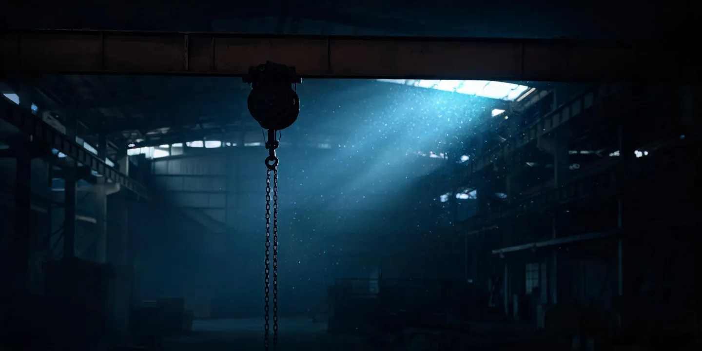 Cinematic still of a warehouse hoist bay used as a visual background