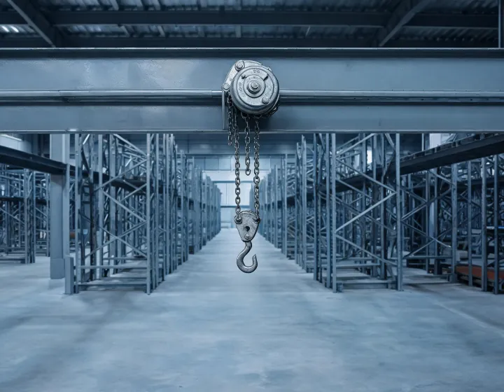 Manual chain block hoist hanging from a warehouse I-beam